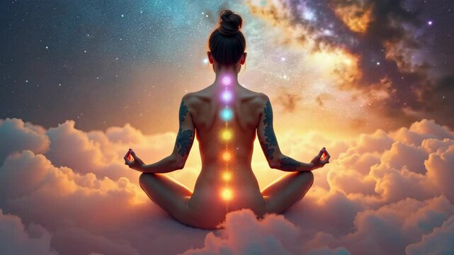 Back view of a meditating figure with chakras glowing, set against a warm sky, representing enlightenment and spiritual connection