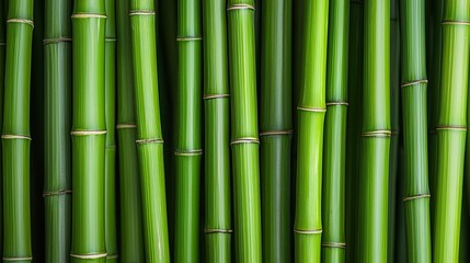 Fototapeta premium A close-up view of tall, green bamboo stalks, showcasing their smooth texture and natural colors, creating a serene and lush atmosphere.