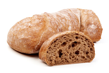 Ciabatta bread, italian wheat bread, isolated on white background. High resolution image.
