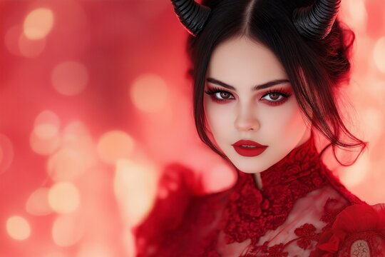 Beautiful vampire in a deep red dress with horns against a fiery background showcasing confidence and bold expression