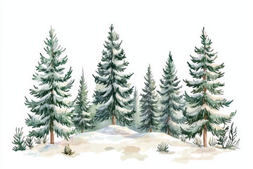 Fototapeta premium A serene winter scene featuring evergreen trees dusted with snow against a white background.