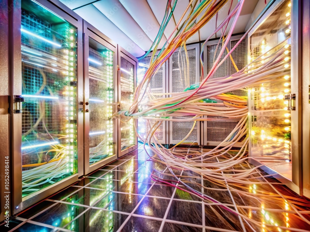 Poster surreal data network server in cabinet: a dreamlike diagnostic test in a high-tech computer room