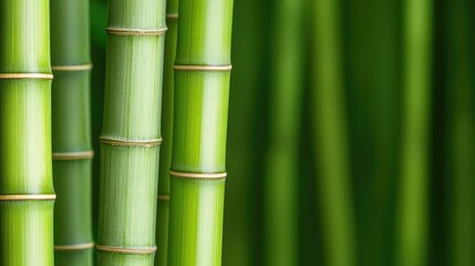 Fototapeta premium A close-up view of vibrant green bamboo stalks, showcasing their natural texture and arrangement against a blurred green background.