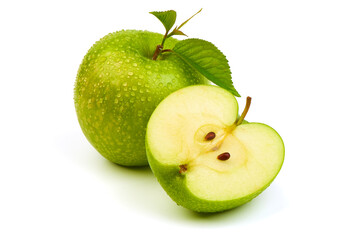 Green apple granny smith with leaf and water drops, isolated on white background.