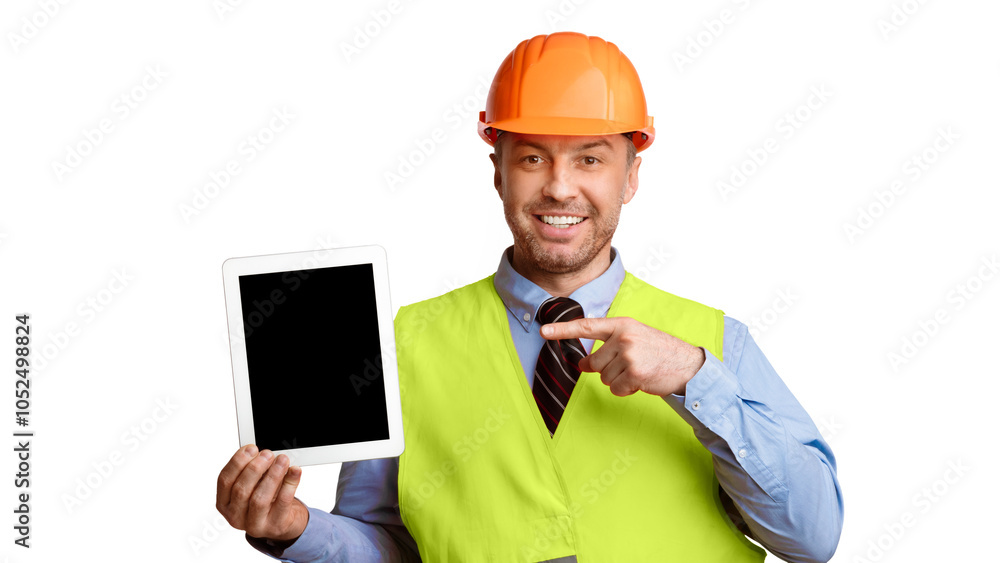 Fototapete Builder Engineer Guy Showing Digital Tablet Computer Pointing Finger At Empty Screen Standing Over White Background In Studio. Look Here, Online Building Service Ad Concept. Mockup, Panorama