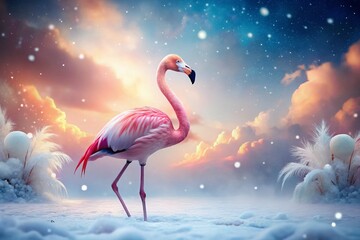 Fototapeta premium Surreal Flamingo in the Snow - A Dreamy Winter Landscape with Exotic Birds