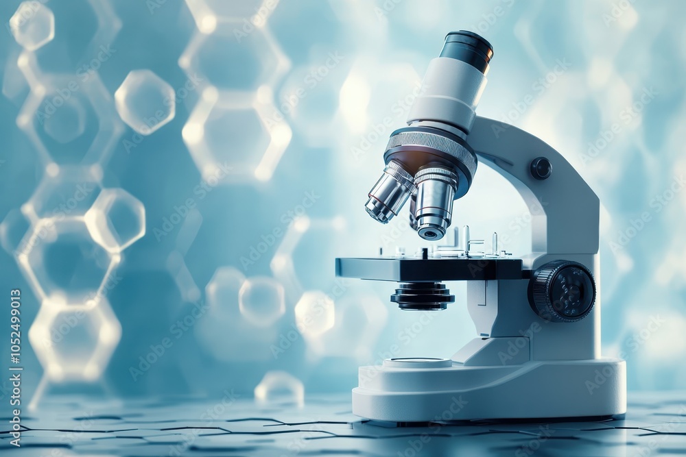 Poster a laboratory microscope on a table with blue background displaying hexagonal patterns