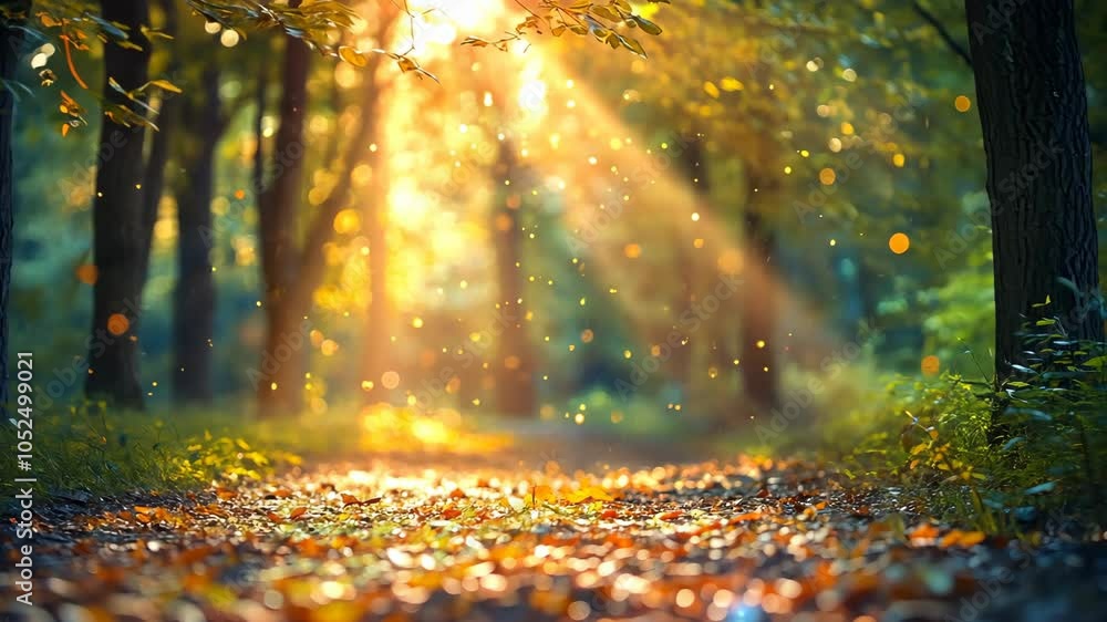 Poster sunlight streams through the trees in a forest, illuminating a path covered in autumn leaves