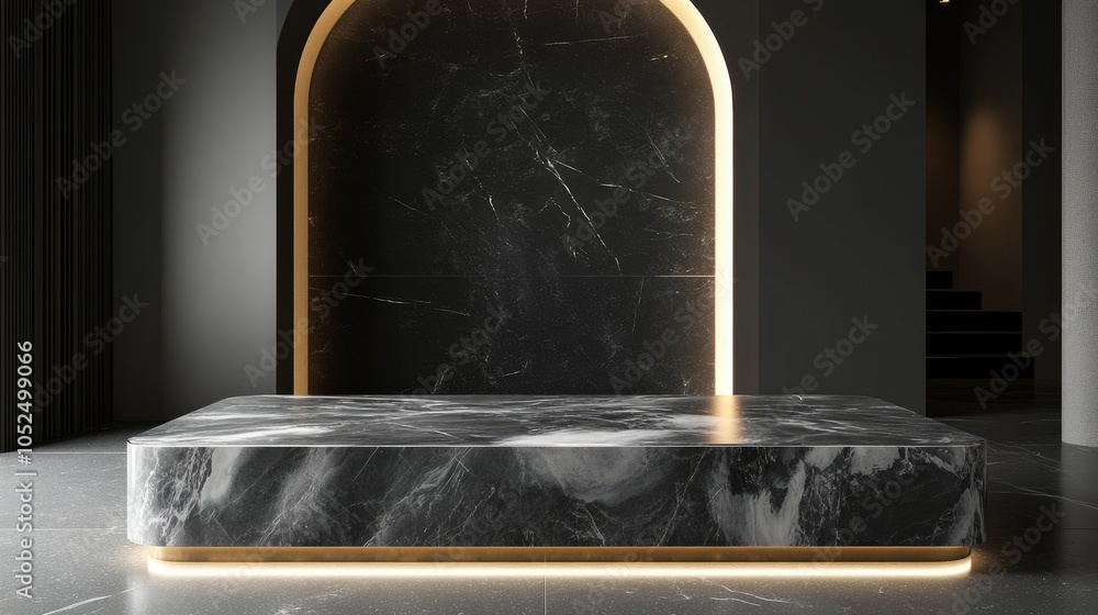 Poster Sleek modern marble display table with illuminated archway in contemporary setting