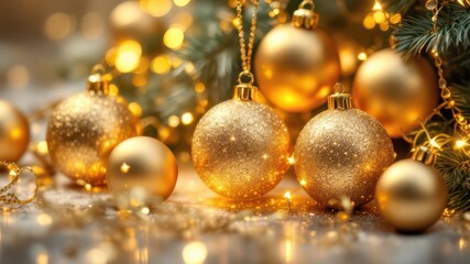 Luxurious Golden Christmas Ball Ornaments Collection with Reflective Surface and Holiday Sparkle