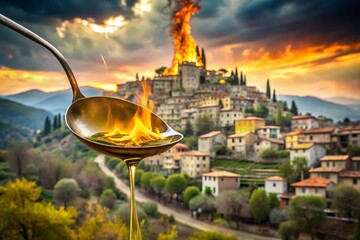 Surreal Scene of a Village Ablaze with Forest Fires and Olive Oil Drizzling on a Spoon in a