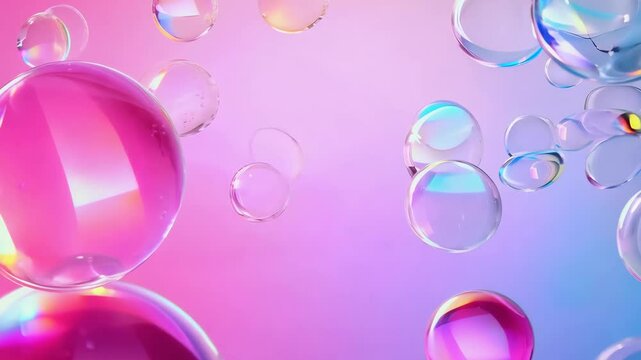 Floating bubbles of varying sizes illuminated by soft pink and purple light.