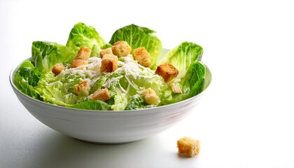  a caesar salad with crisp romaine, croutons, and parmesan shavings on a white background