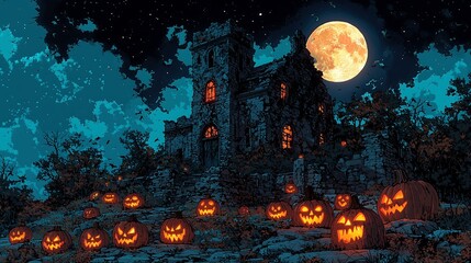 Obraz premium Haunted house on a hill, abandoned house with broken windows and rusty doors, in front of the house are carved pumpkins with scary faces and thick, misty shadows