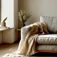 Cozy living room corner with a soft blanket draped over a comfortable sofa
