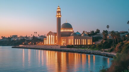 Obraz premium Illuminated mosque on the coast at sunset.