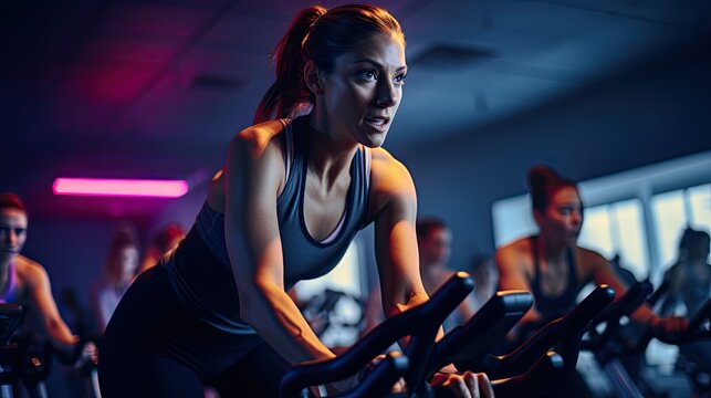 Determined women pedal in unison during a high-energy spin class, illuminated by rhythmic neon lights in a modern fitness studio.