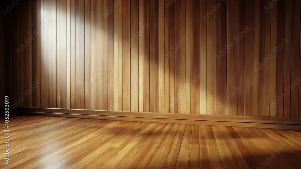 Poster sunlight streams through a window in a room with wooden walls and floors