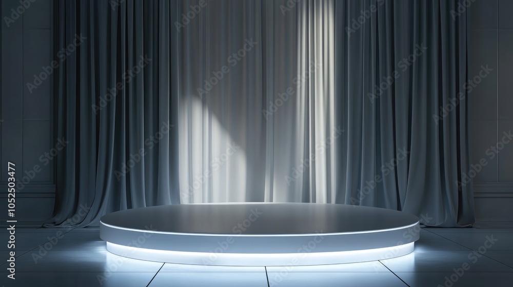 Poster illuminated stage with draped curtains a minimalist design for performance and presentation settings