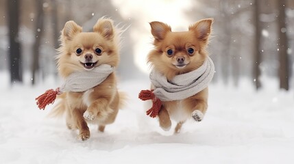 Fototapeta premium Two joyous small dogs in charming knitted hats and scarves frolic through the snowy landscape, radiating warmth and festive cheer.