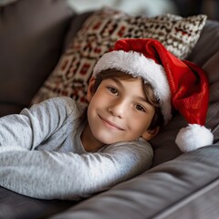 happy young boy wearing Santa s hat in Christmas eve, New year s eve, Happy New year 