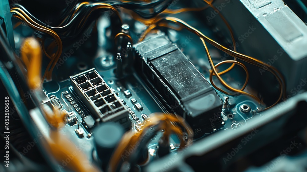 Poster a close-up view of a circuit board featuring intricate wiring and electronic components, showcasing 
