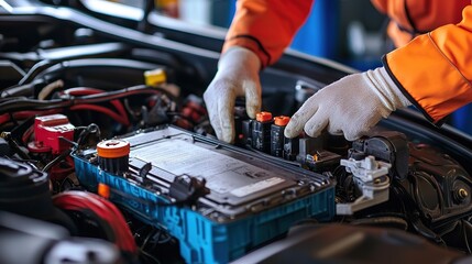 Obraz premium A technician works on an electric vehicle's battery pack, adjusting connections in a well-lit garage setting.
