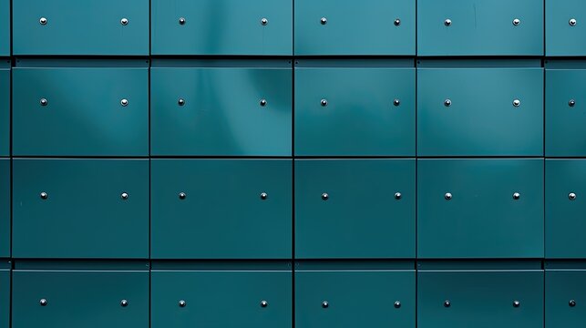 Rows of dark teal metal panels are seamlessly bolted together, creating a pattern of uniformity and industrial strength, suggesting modern architecture.