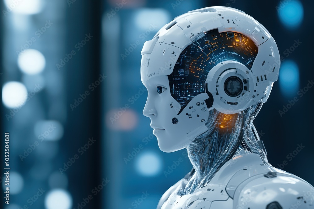 Poster futuristic humanoid robot with illuminated circuitry observed in a high-tech environment