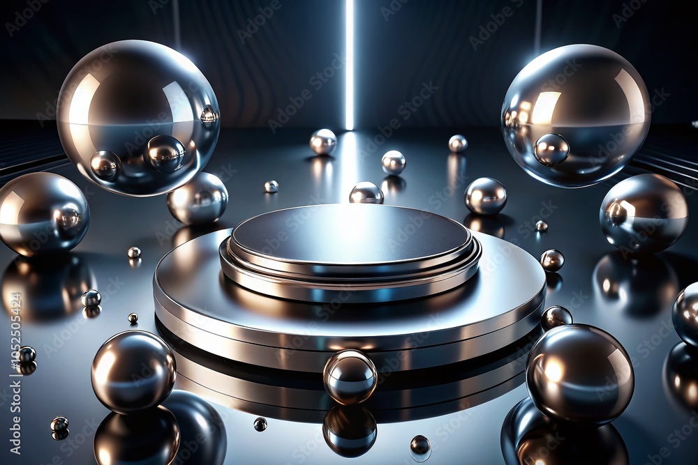 Poster top view of round chrome black podium with spheres orbiting, 3d render animation of planetary concep