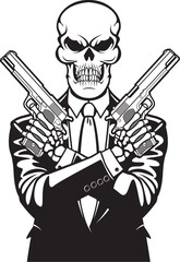 Human skeleton with crossed arms holding two automatic pistols