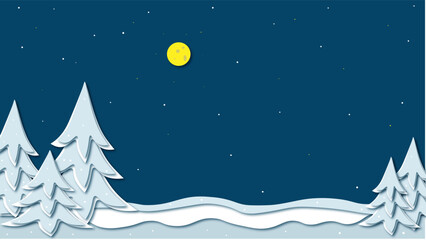 Snow-covered winter Christmas trees, the moon in a dark blue sky. A snowy landscape or a design element. The concept of winter, New Year and Christmas