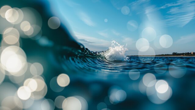 Ocean Wave Crashing, A powerful wave breaks dramatically on a turquoise ocean surface under a bright sunny sky. The image captures the energy and beauty of nature.