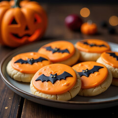homemade delicious cookies with orange glaze and decorated with a chocolate bat