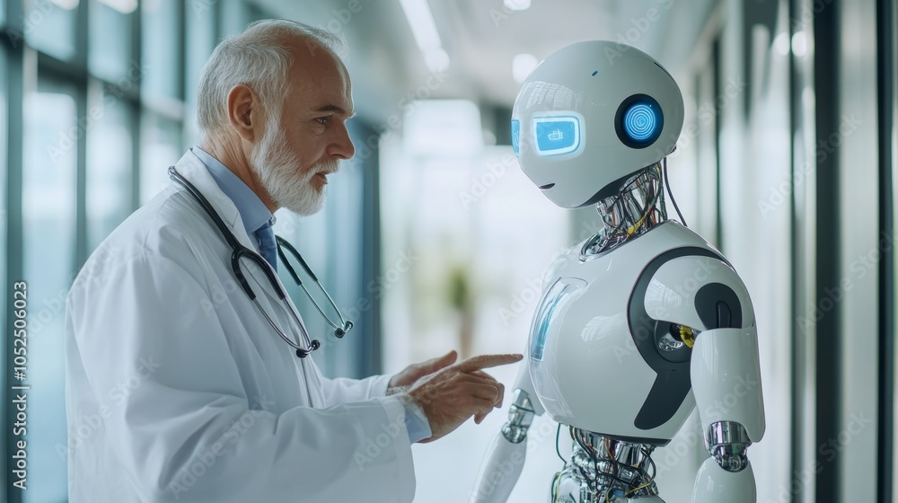 Poster exploring the future of medicine interaction between a doctor and a humanoid robot in a modern healt
