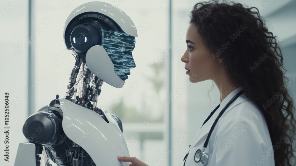 Poster exploring the intersection of humanity and technology a robot and doctor's encounter in a futuristic