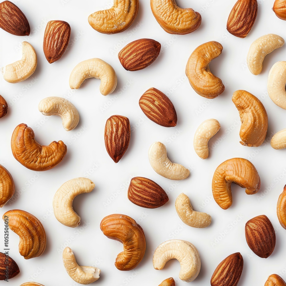Poster cashew nuts and roasted almonds are creating a seamless pattern on a white background, ideal for hea