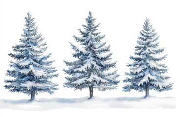 Obraz premium Three snow-covered evergreen trees stand in a serene winter landscape, showcasing a tranquil and picturesque scene.