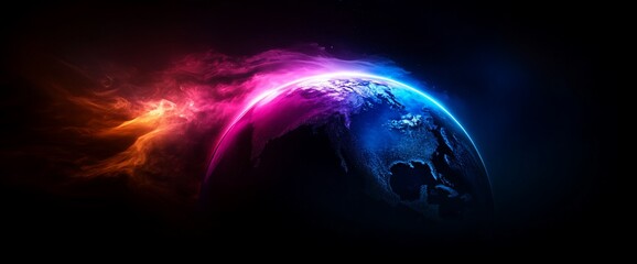 Obraz premium Earth glowing in vibrant colors with cosmic clouds.
