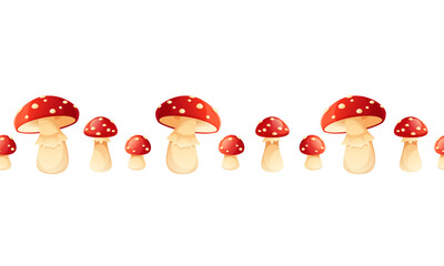 Vector illustration seamless border of fly agarics on white background, mushrooms are red with white spots. Border frame of fly agarics with empty space for text. Fairytale mushrooms.
