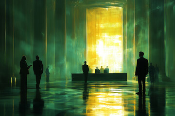 Abstract visualization of G2B, with government officials offering a contract to a business representative in a formal setting.