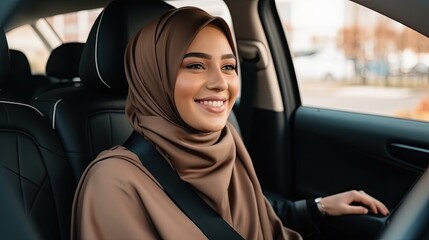 A joyful woman in a hijab, sitting in a car, exudes excitement and happiness, capturing a moment of anticipation and delight.
