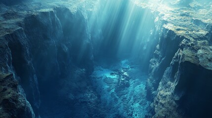 Obraz premium Sunbeams illuminate a deep underwater canyon with rocky walls and a dark blue seabed.