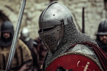 Naklejka premium A resolute medieval knight in chain mail, battle-ready and poised, exuding strength and determination.