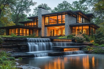 A luxurious modern home glows with warm light as a cascading waterfall flows in front, creating a serene and picturesque scene.
