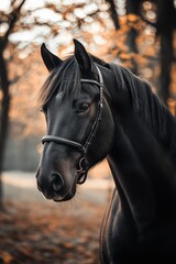 Obraz premium A stunning black horse stands poised in a rustic fall forest, radiating elegance and strength.