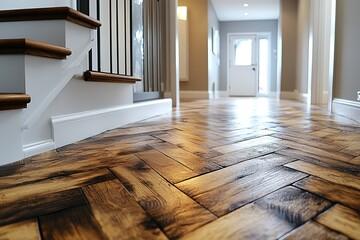 A modern hallway with a herringbone pattern wood floor, showcasing the craftsmanship and design.