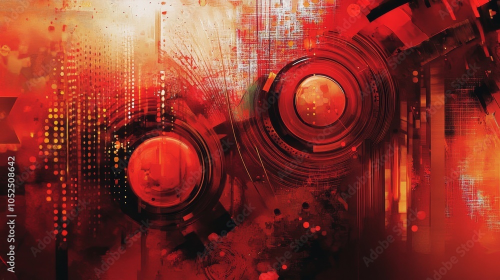 Poster dynamic abstract red background with circular elements and textured patterns for creative art projec