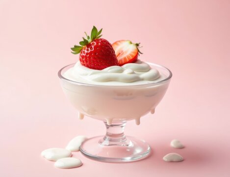 strawberry close-up in a glass saucer yogurt sour cream