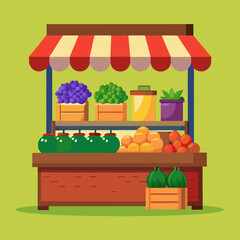 A colorful vector illustration of a fruit stand with various fruits and vegetables, perfect for creating a vibrant and lively scene.  This illustration is ideal for use in marketing materials.